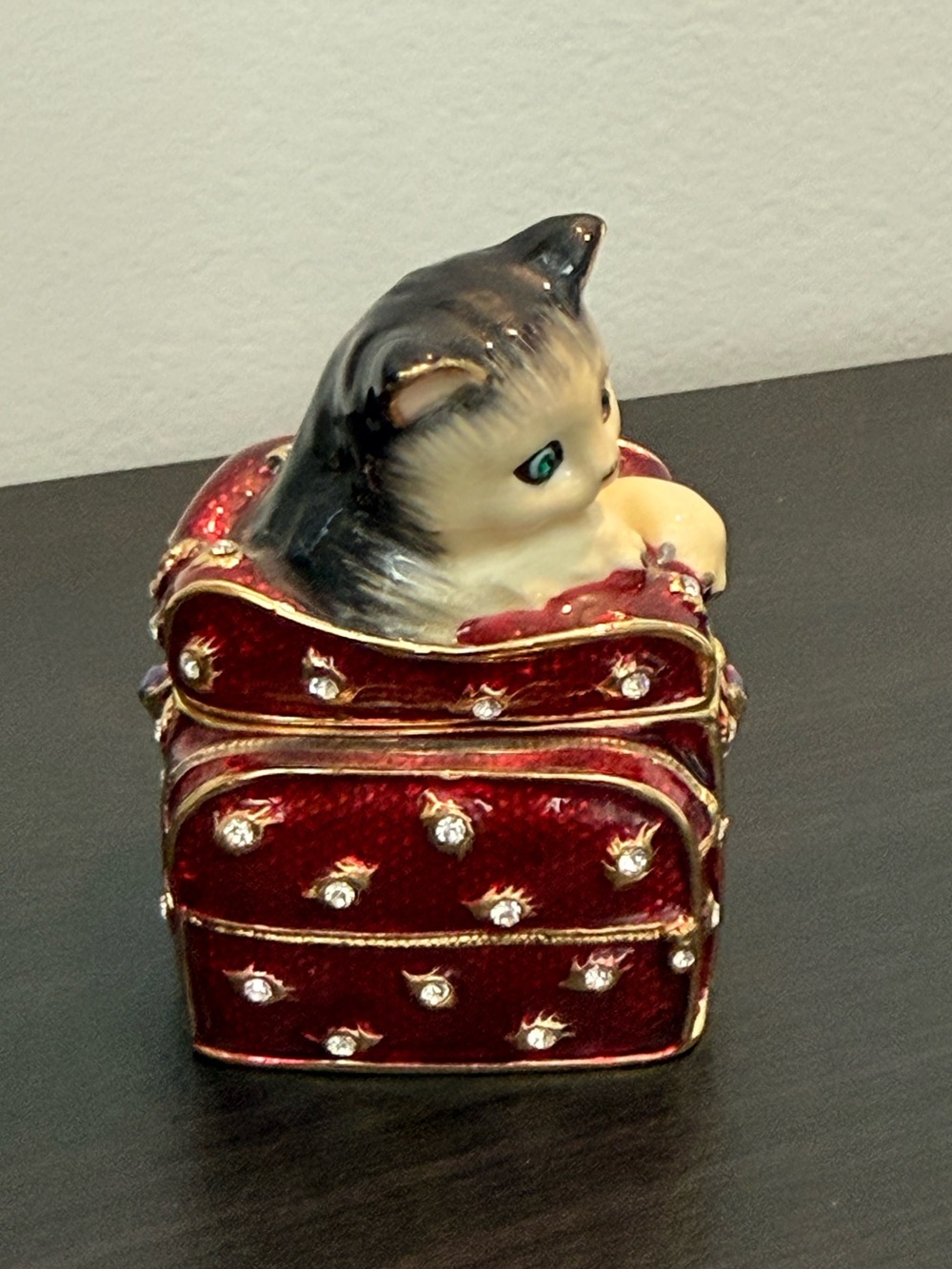 Decorative Red Cat Jewelry Box Figurine - Embellished Trinket Holder
